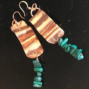 Pure Copper Earrings Untreated Malachite Drop Dangle Handmade Rustic Artisa OOAK